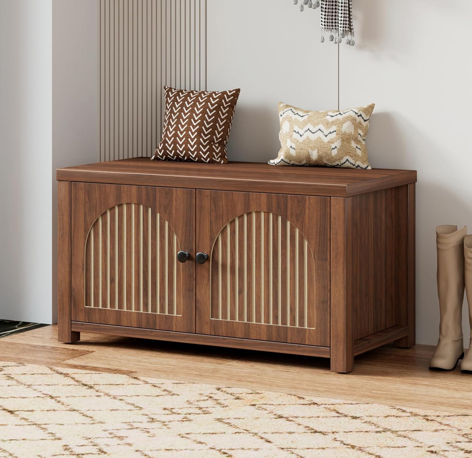 Fluted Storage Bench with Storage, Small Entryway Shoe Bench, Bedroom Storage Bench, Wood Shoe Organizer, Mid Century Modern Cabinet with 2 Doors, Adjustable Shelf, Hallway, Living Room, Walnut