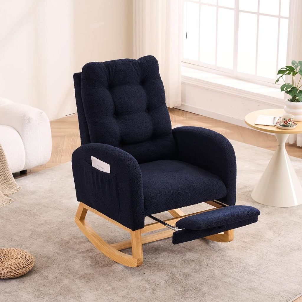 Nursery Rocking Chair with Retractable Footrest,Accent Rocker for Relaxing, Side Pocket,A+ Grade Rubber Wood,Suitable for Living Room,Bedroom and Balcony (Teddy Fleece, Navy Blue)