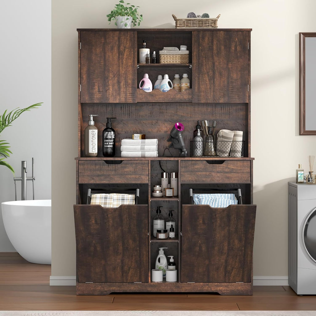 71"H Kitchen Pantry Storage Cabinet with Power Outlets and Two Drawers,10X2 Gallon Kitchen Hidden Double Tilt Out Trash Can Cabinet with Trash Bin Storage Holders,Laundry Hamper Cabinets(Brown)