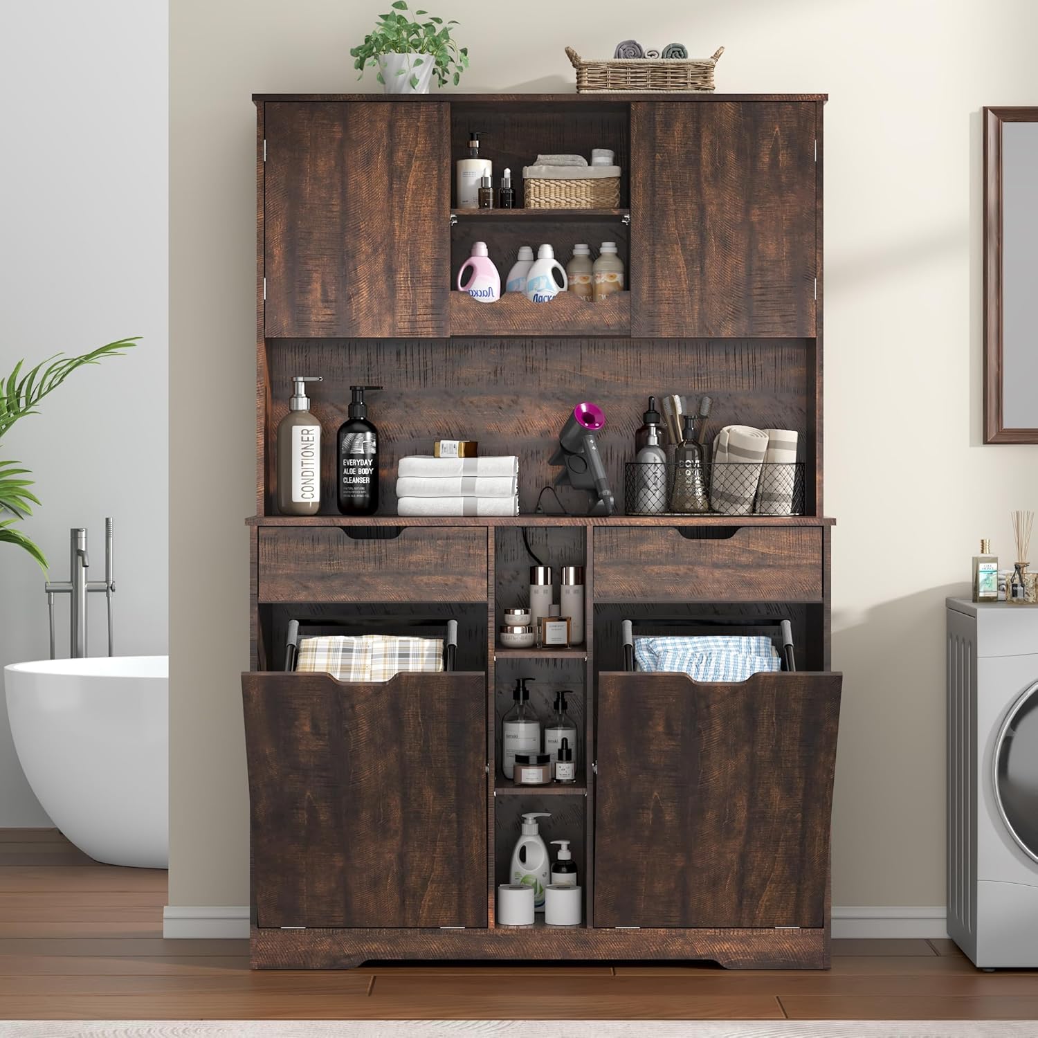 71"H Kitchen Pantry Storage Cabinet with Power Outlets and Two Drawers,10X2 Gallon Kitchen Hidden Double Tilt Out Trash Can Cabinet with Trash Bin Storage Holders,Laundry Hamper Cabinets(Brown)