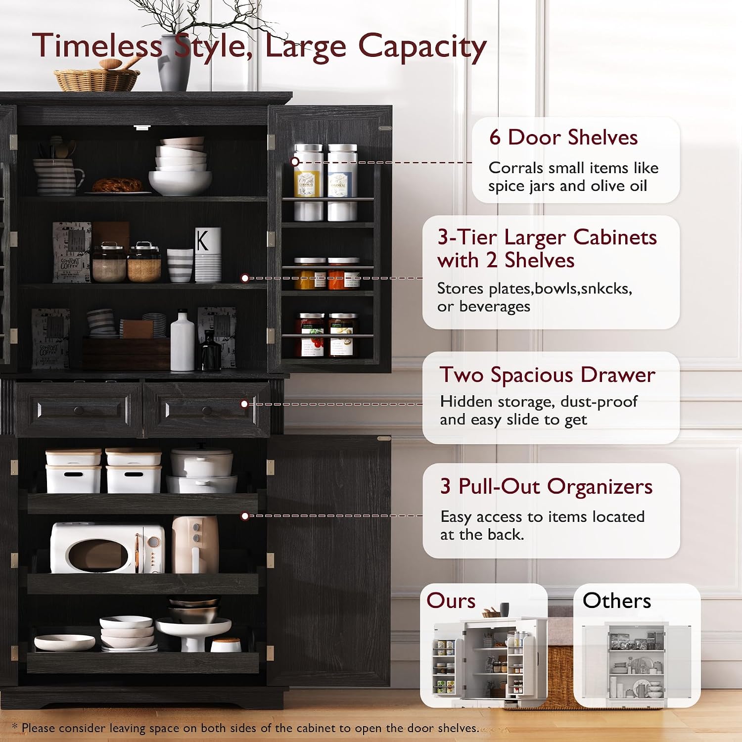 Anwick 71" Tall Kitchen Cabinet Pantry Storage, Modern Kitchen Hutch Cabinet with 2 Large Drawers, Freestanding Cupboard Cabinets with 2 Adjustable Shelves & 6 Door Shelves (Black-4Doors)