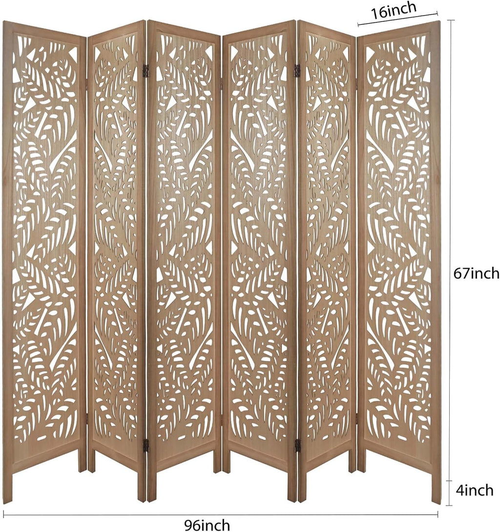6 Panel Leaf-Carved Room Divider, 67 Inch Bohemian Folding Privacy Screen, Natural Wood Room Divider for Room Separation, Decorative Room Partition for Home, Office, Bedroom