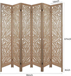 6 Panel Leaf-Carved Room Divider, 67 Inch Bohemian Folding Privacy Screen, Natural Wood Room Divider for Room Separation, Decorative Room Partition for Home, Office, Bedroom