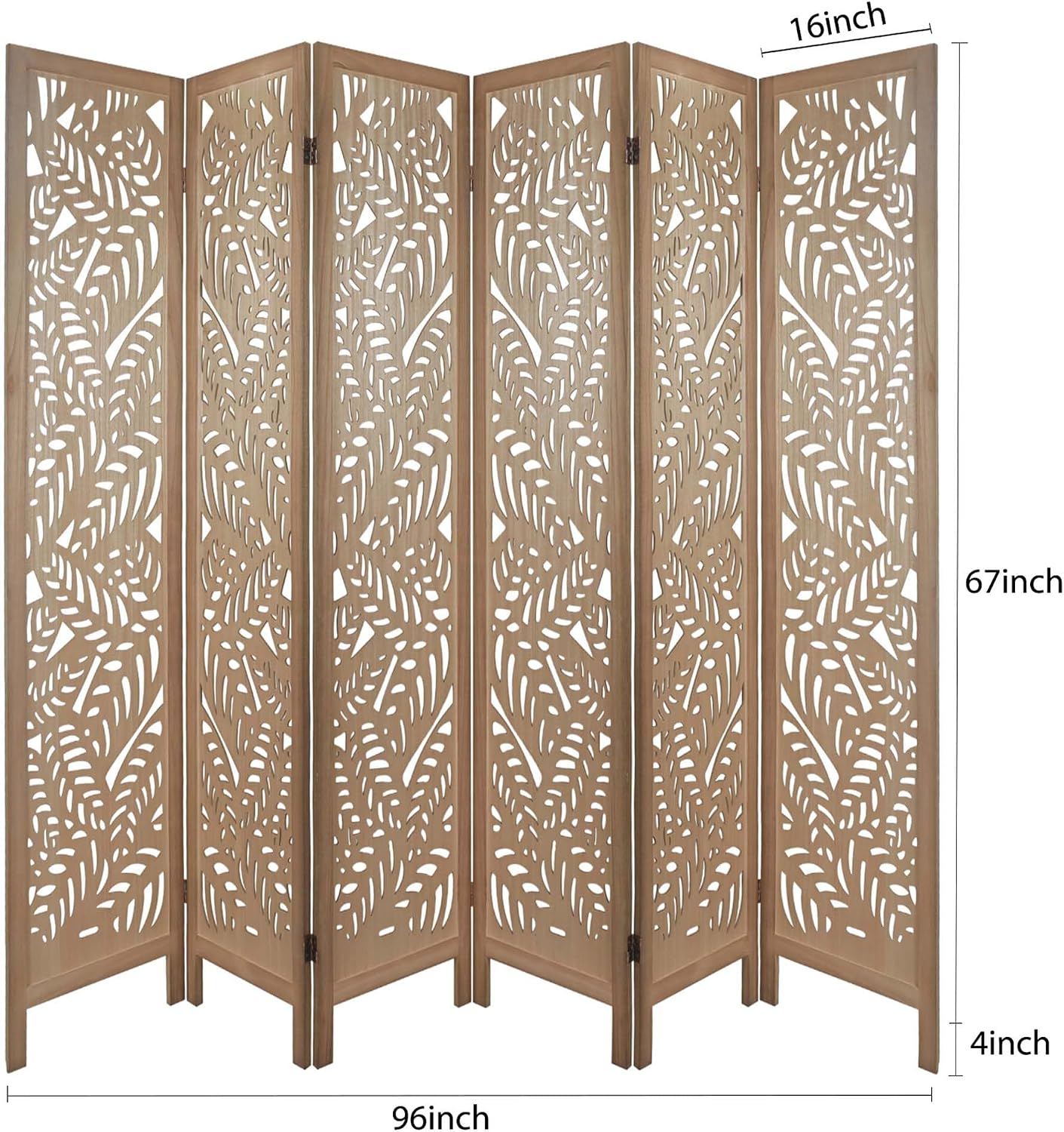 6 Panel Leaf-Carved Room Divider, 67 Inch Bohemian Folding Privacy Screen, Natural Wood Room Divider for Room Separation, Decorative Room Partition for Home, Office, Bedroom