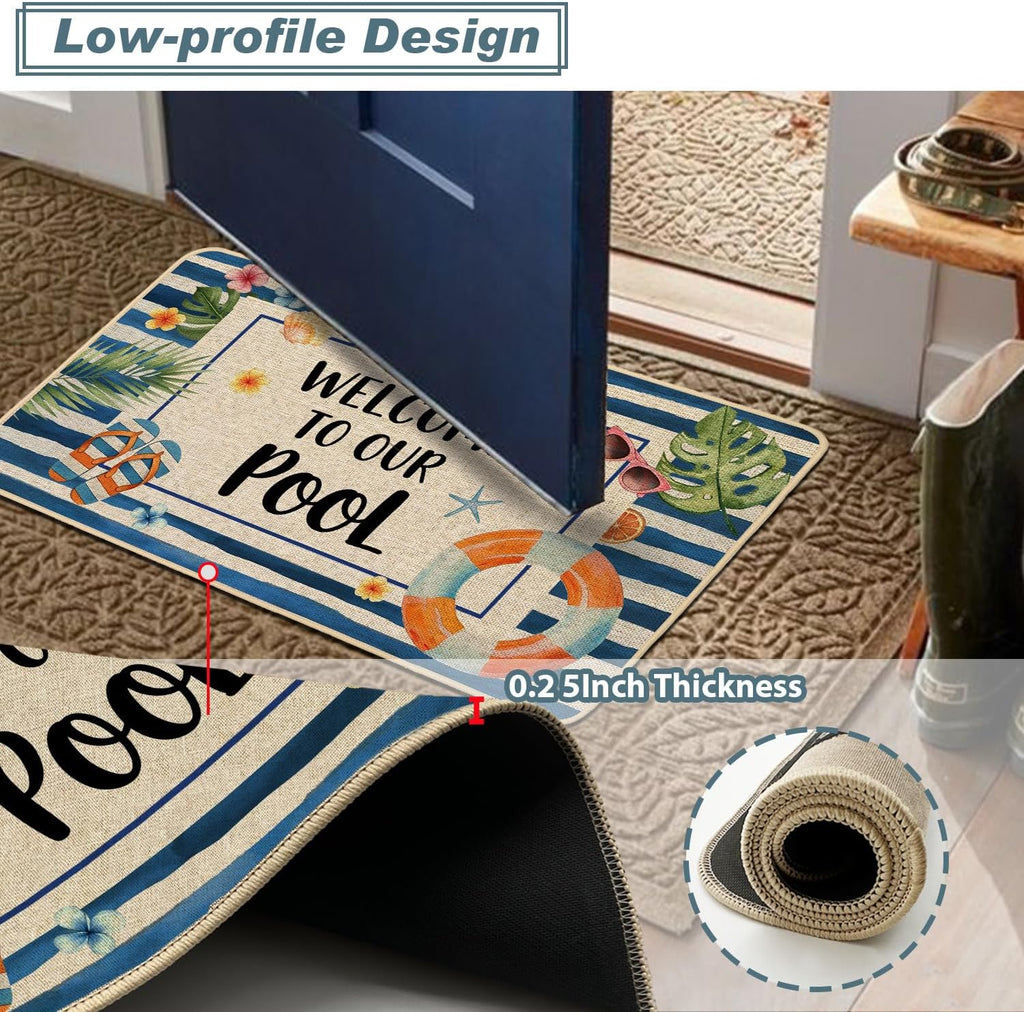 Baccessor Summer Pool Doormat 17x36 Inch Long, Welcome to Our Pool Tropical Poolside Low Profile Door Mat Non-Slip Rubber Backing for Floor Entrance Seasonal Outside Patio Porch Home Decor