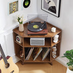 Corner Record Player Stand with Charging Station & USB Ports, 3 Tier Mid Century Modern Vinyl Record Storage Cabinet, Wood Turntable Stand for Music Room, Living Room, Small Space (Walnut)