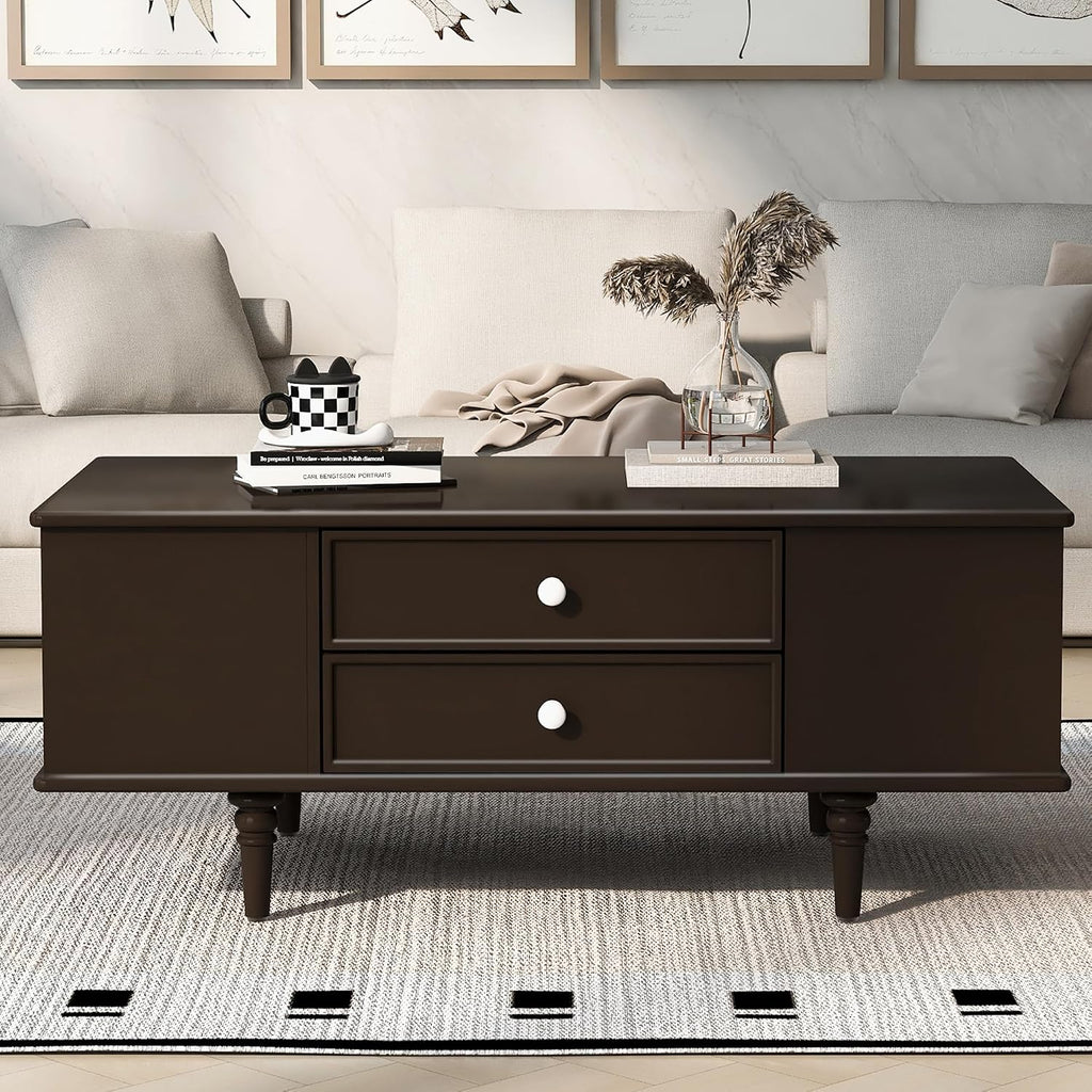 Modern Coffee Table with 4 Drawers, Hidden Side Table Compartments, Interior Shelves, Solid Wood Legs & Durable MDF Structure, End Table for Living Room, Kitchen, Dining Room & Bedroom, Easy Assembly
