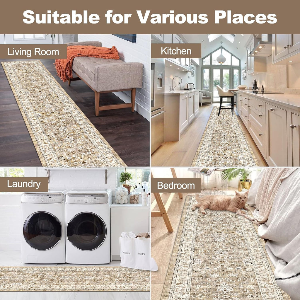 LOKHOM Washable Runner Rug, 2x8 Non-Slip Vintage Hallway Runner Rug with Rubber Backing, Boho Floral Soft Faux Wool Kitchen Rug Carpet Runner for Laundry Entryway Bedroom (Beige Brown)