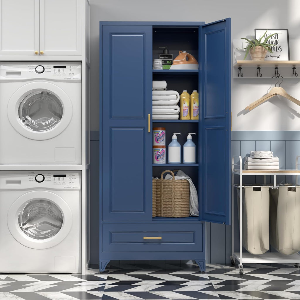 SteeLoong 75" Kitchen Pantry Cabinet with Drawer, Metal Storage Cabinets with Doors and 4 Adjustable Shelves,Blue Kitchen Cabinet with 2 Gold Handles,Food Cupboard for Livingroom,Pantry, Bathroom
