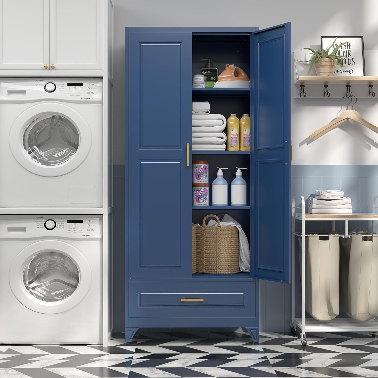 SteeLoong 75" Kitchen Pantry Cabinet with Drawer, Metal Storage Cabinets with Doors and 4 Adjustable Shelves,Blue Kitchen Cabinet with 2 Gold Handles,Food Cupboard for Livingroom,Pantry, Bathroom