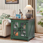 Joaxswe Farmhouse End Table with Charging Station Set 2, 24" Large Sofa Side Table with Glass Barn Door, Nightstand with Adjustable Storage Shelf, Wood Square Bedside Table for Living Room, Bedroom