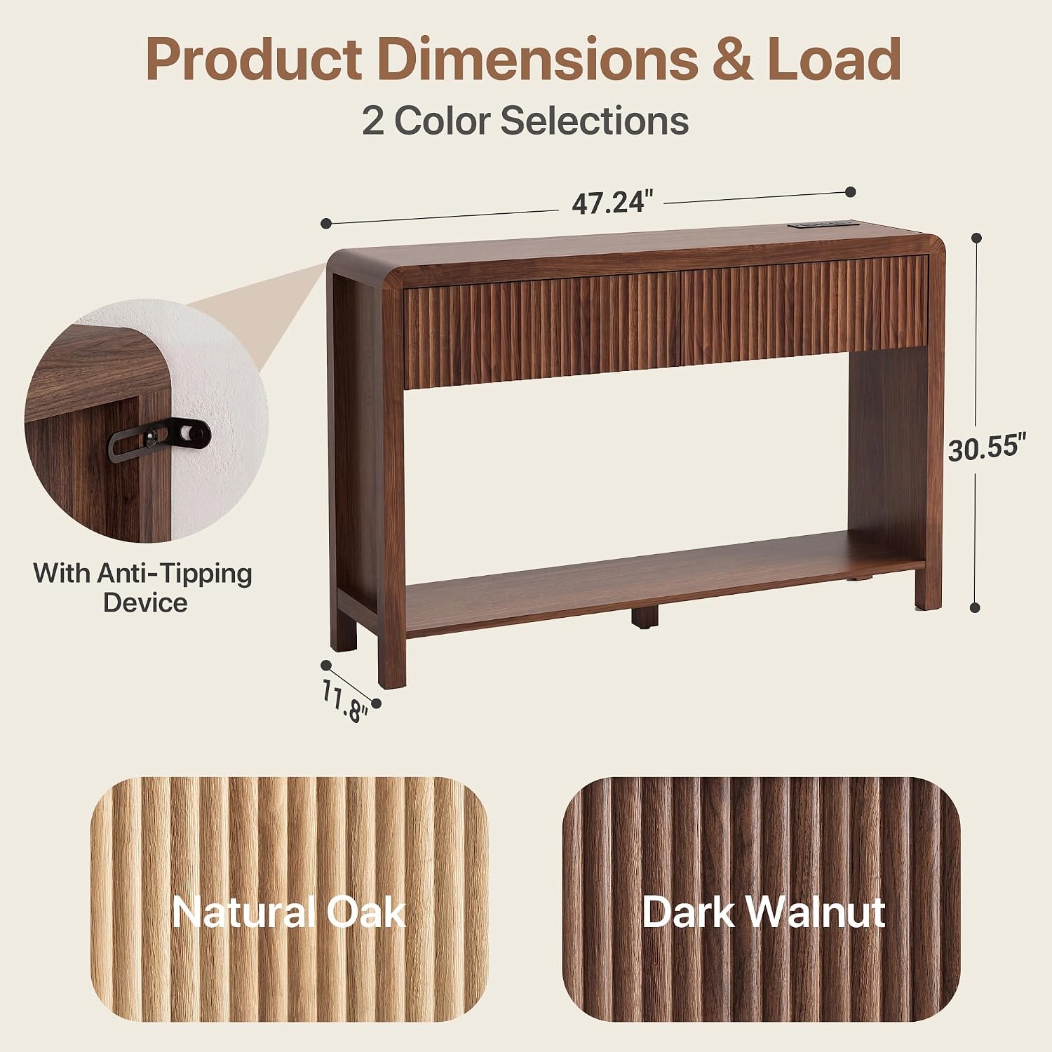 Seang Fluted Sofa Table with Power Outlets,47" Narrow Console Table with 2 Drawers Behind Couch,Curved Entryway Tables with Open Storage for Entrance,Hallway,Living Room,Dark Walnut