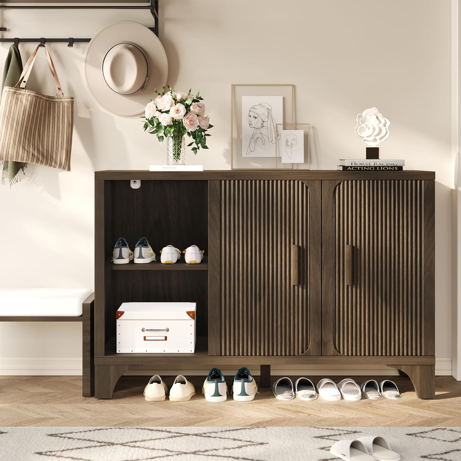 Mid Century Modern Fluted Buffet Cabinet with Storage, Accent Sideboard and Credenza Storage Cabinet with Doors, Wood Coffee Bar Console for Kitchen, Living Room (Walnut Brown, 47" 2-Door)