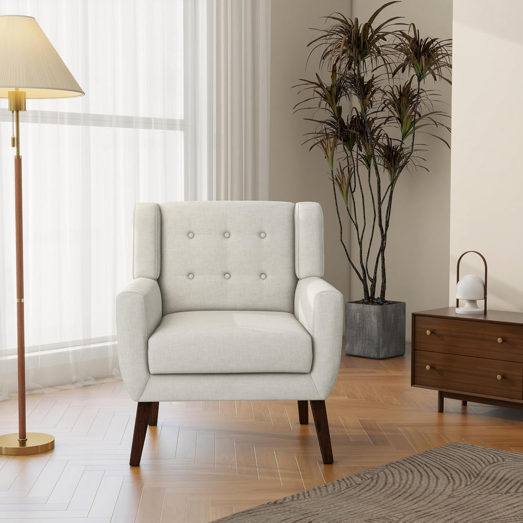 Accent Chair Set of 1, Comfy Reading Armchair, Beige | Linen Blend, Tufted Button Backrest, Solid Wood Frame, Upholstered Club Single Sofa Chairs, For Living Room & Bedroom