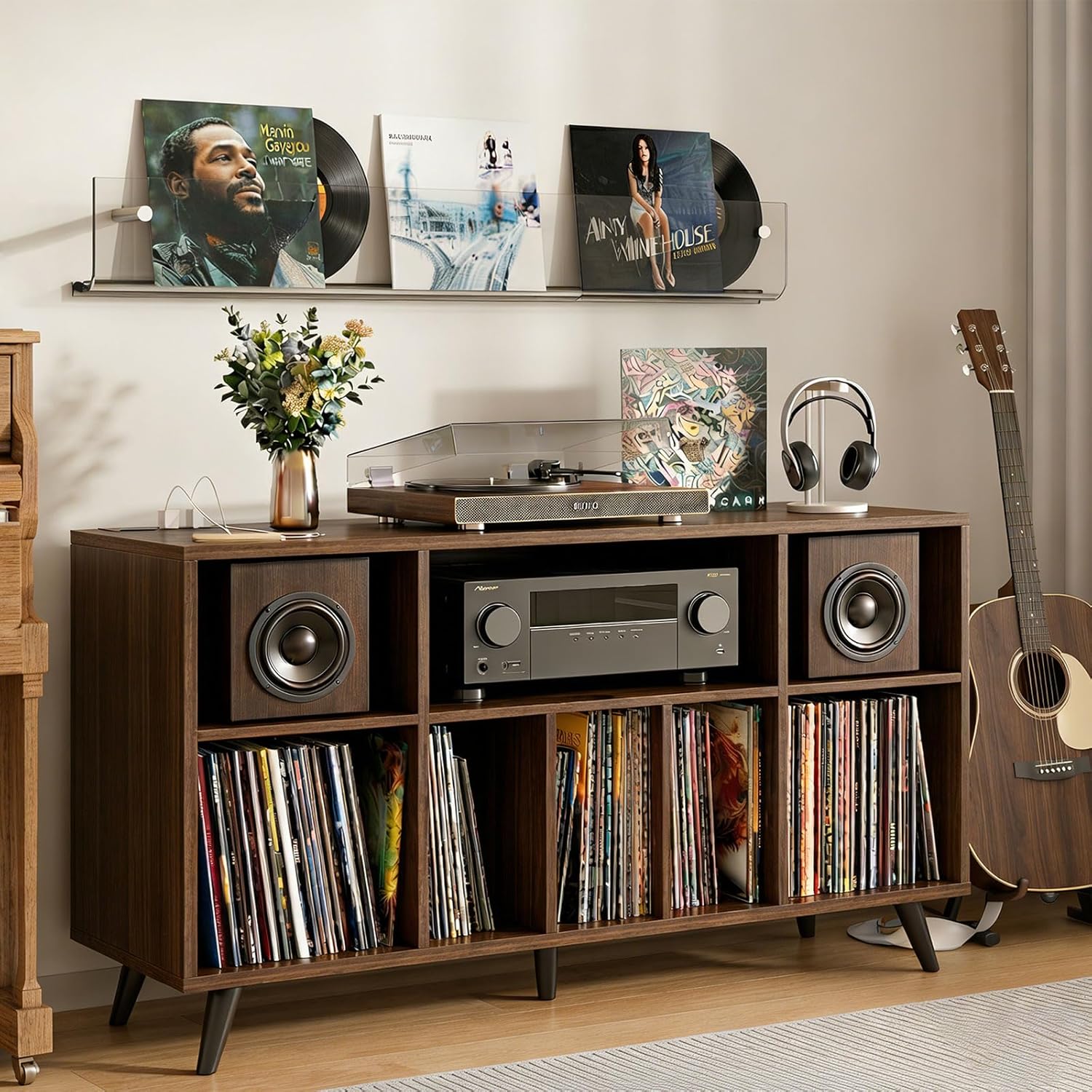 Record Player Stand, Record Stands with Record Storage, Vinyl Record Storage with Charging Station & USB Ports, 500+ Vinyl Large Mid Century Modern Record Player Stand and Album Cabinet