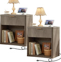 LEYAOYAO Fluted Farmhouse Nightstand Set of 2 with Charging Station, 23" Wide 1 Drawers End Table,Grey Dresser for Bedroom,Bed Side Table Chest of Drawers Cabinet,Wood Night Stand for Living Room