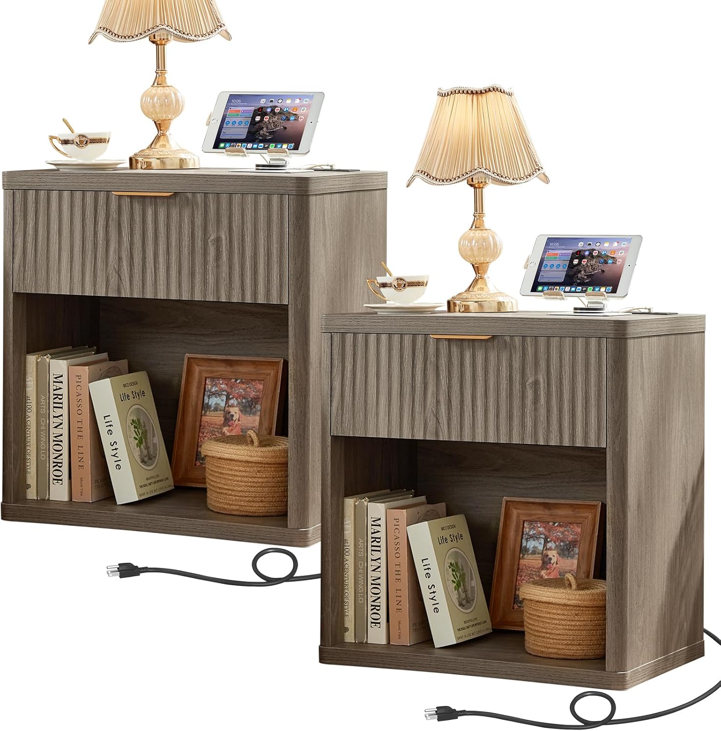 LEYAOYAO Fluted Farmhouse Nightstand Set of 2 with Charging Station, 23" Wide 1 Drawers End Table,Grey Dresser for Bedroom,Bed Side Table Chest of Drawers Cabinet,Wood Night Stand for Living Room