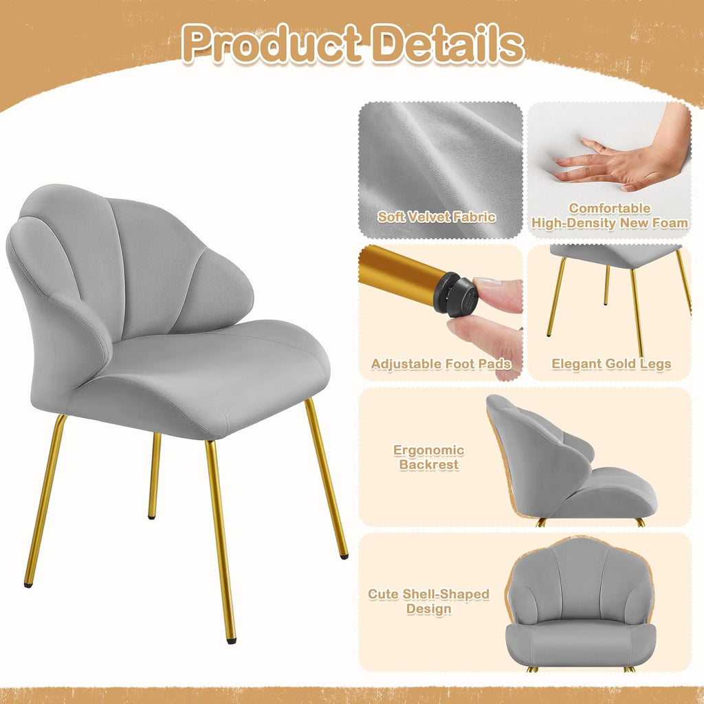 Yaheetech Vanity Chair, Velvet Accent Chair with Shell-Shaped Backrest, Modern Armchair with Gold Metal Legs for Dressing Room/Bedroom/Living Room, Light Gray