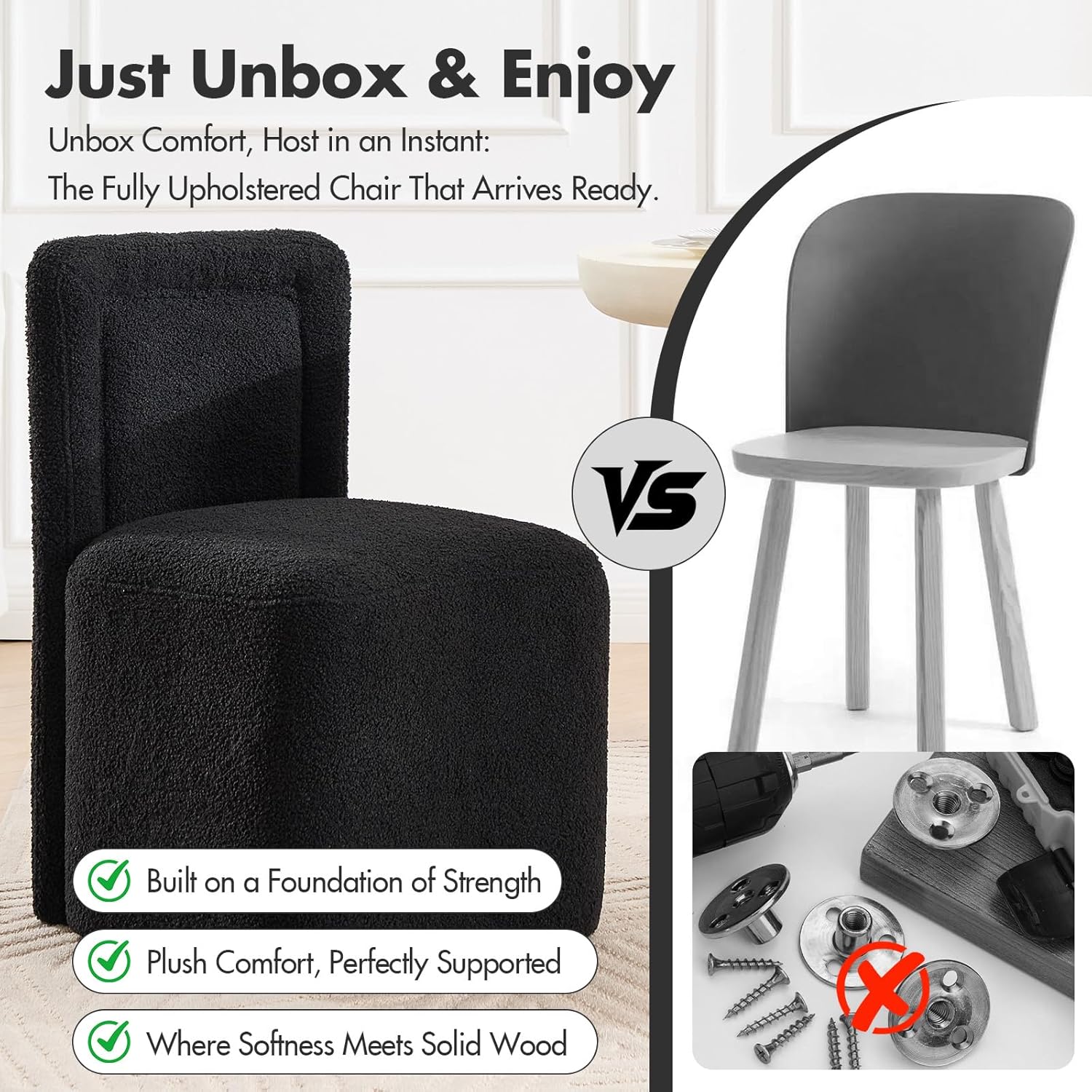 Hyfirm Black Upholstered Dining Chairs Set of 2, Mid-Century Scandinavian Parsons Armless Chairs in Boucle Fabric with Plush Seat Cushion for Diningroom Bedroom Livingroom Reading Room