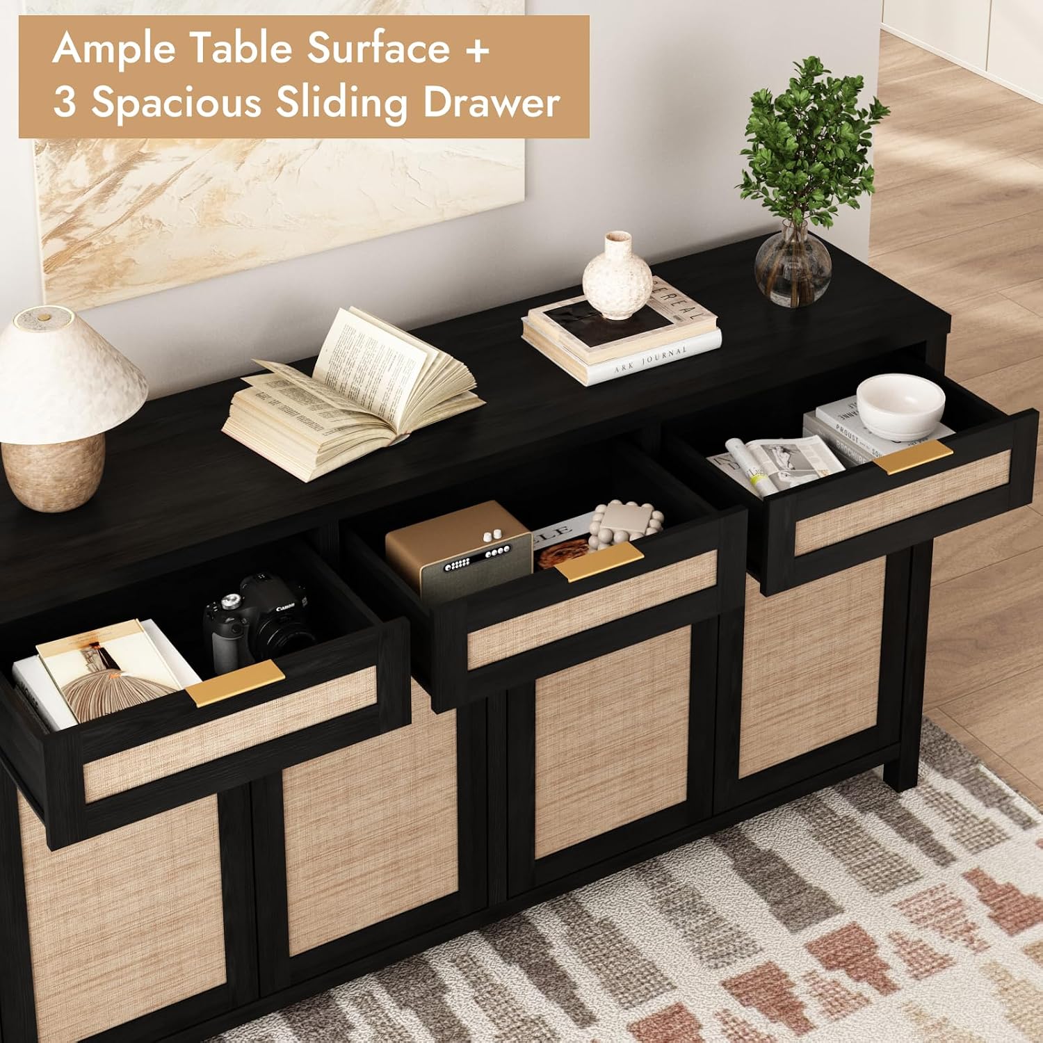 HOKYHOKY Rattan Sideboard Buffet Cabinet, Boho Storage Cabinet with Adjustable Shelves, Farmhouse Credenza Coffee Bar Cabinets with 4 Doors & 3 Drawers for Living Room, Hallway & Kitchen