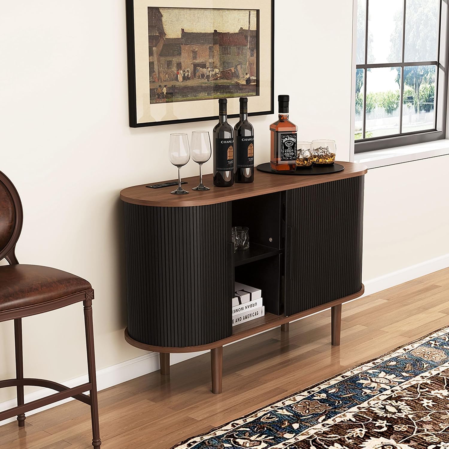 47" Modern Buffet Cabinet with Charging Station, Mid-Century Fluted Sideboard Table, Rounded Console with Storage & USB/Type-C Ports for Dining Room Kitchen Coffee Bar, Black
