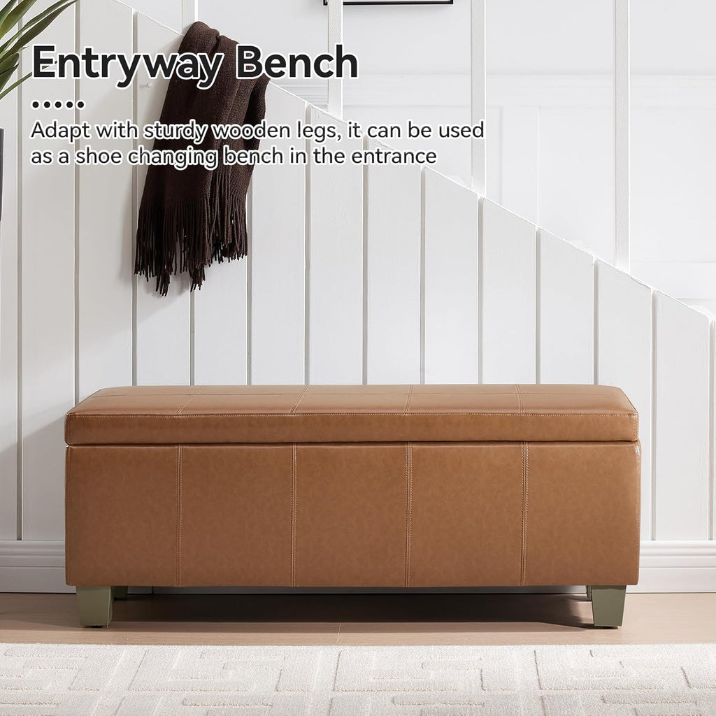 WUTUTUEE 41" Faux Leather Storage Ottoman, Stitch Tufted Rectangle Upholstered End of Bed Storage Bench, Entryway Large Couch Ottoman with Wooden Legs, Light Brown