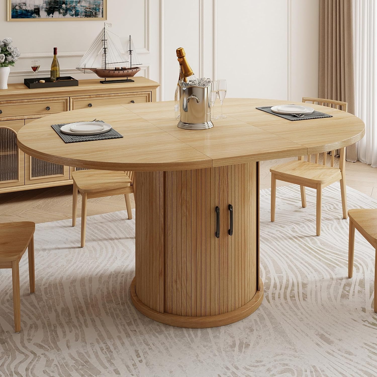 47.2"–63" Extendable Dining Room Table for 4-8, Round-to-Oval Expandable Dining Table with Dust-Proof 2-Tier Shelf, Space-Saving Wood Kitchen Table for Living Room, Oak