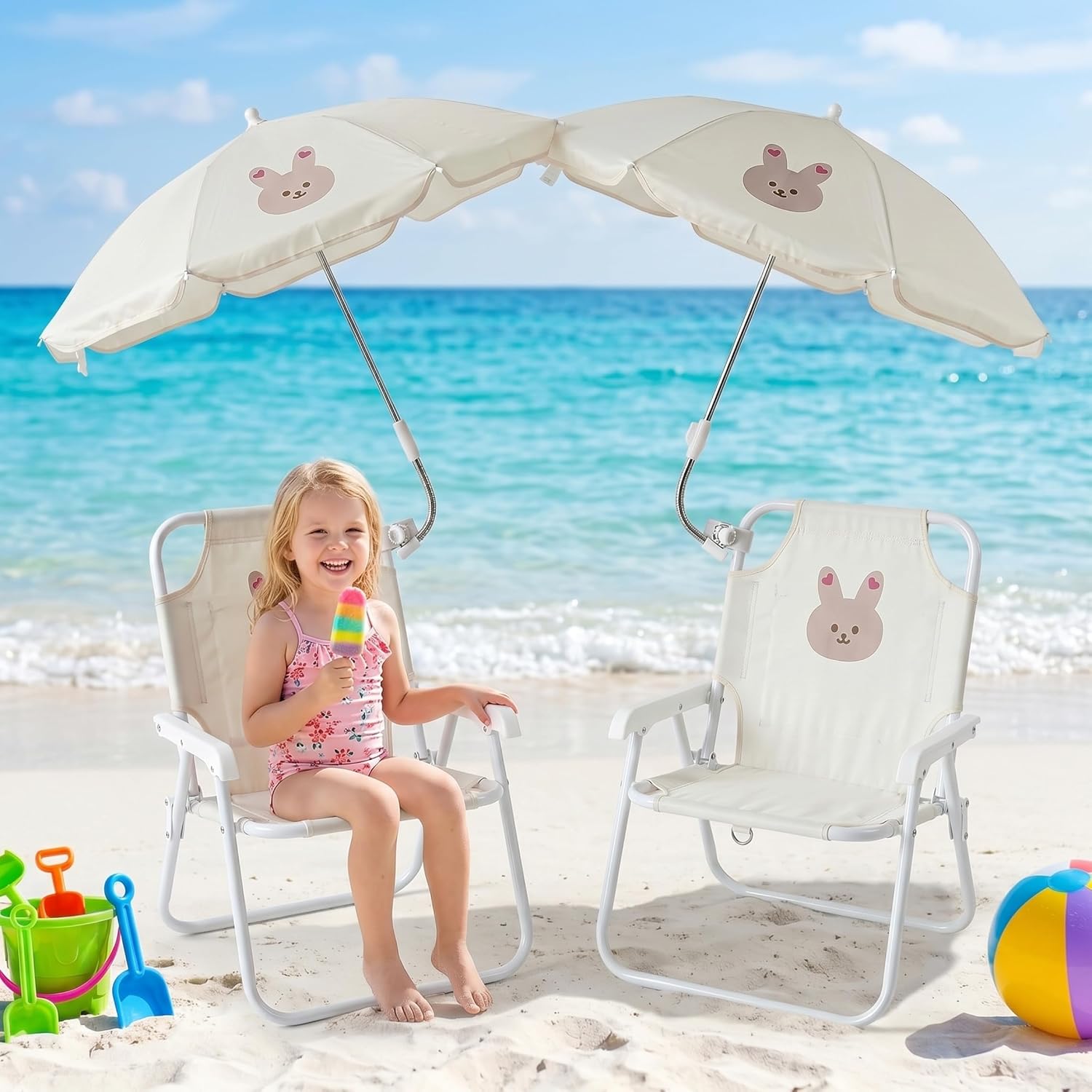 Kids Beach Chair with Umbrella, Kids Beach Chair with Umbrella, Foldable Toddler Lawn with Sun Shade for/Pool/Camping/Fishing, Bunny