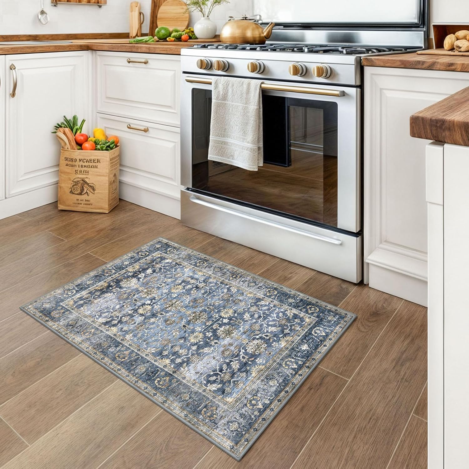KUTA Vintage 2x3 Rugs for Entryway, Non-Slip Washable Area Rug & Indoor Door Mat with Floral Print, Blue Grey Beige Ultra Thin Soft Low-Pile Throw Rug for Kitchen Front Door, Bedside, Small Spaces