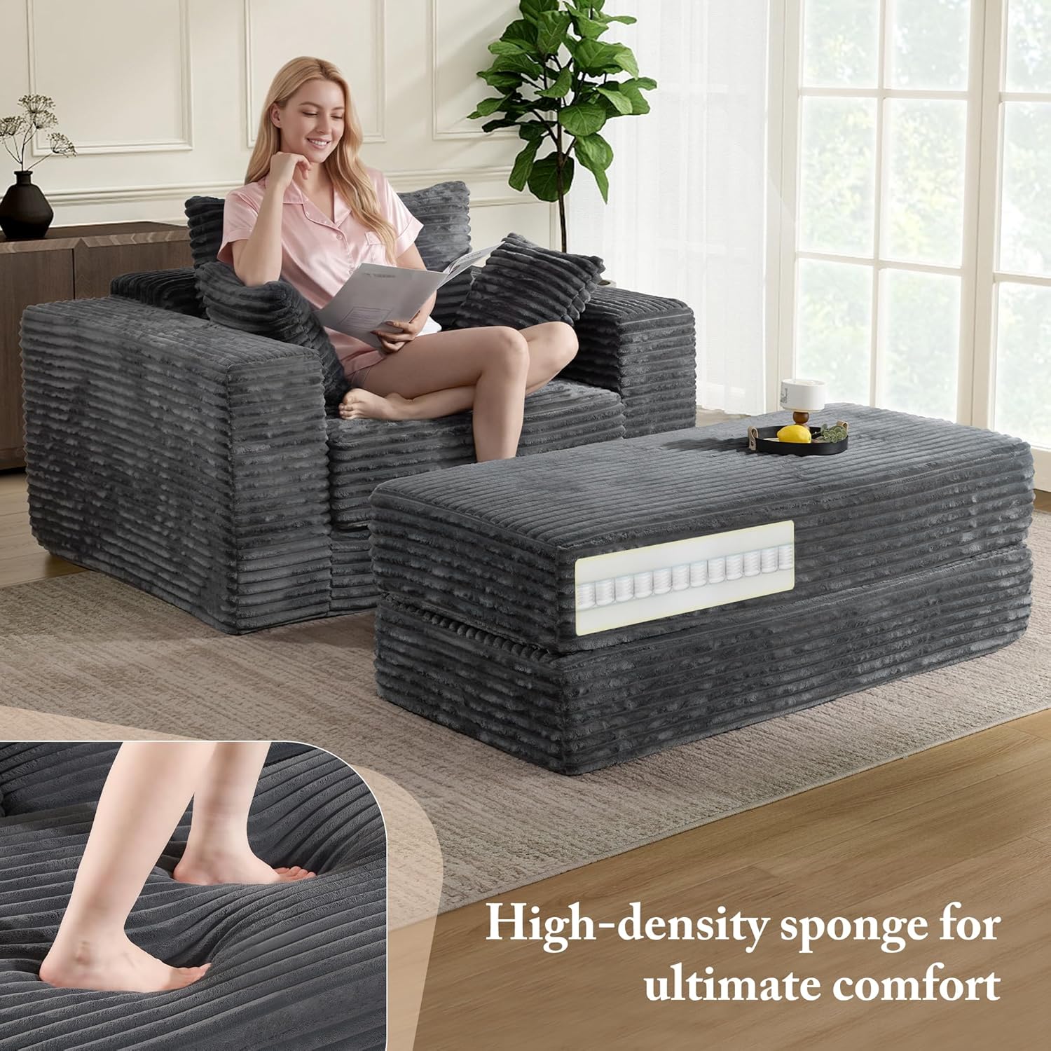 Busaurus 60'' Oversized Chaise Lounge Chair Indoor with Ottoman, Convertible Boneless Sofa Bed & Corduroy Reading Chair for Living Room & Bedroom, No Assembly Required