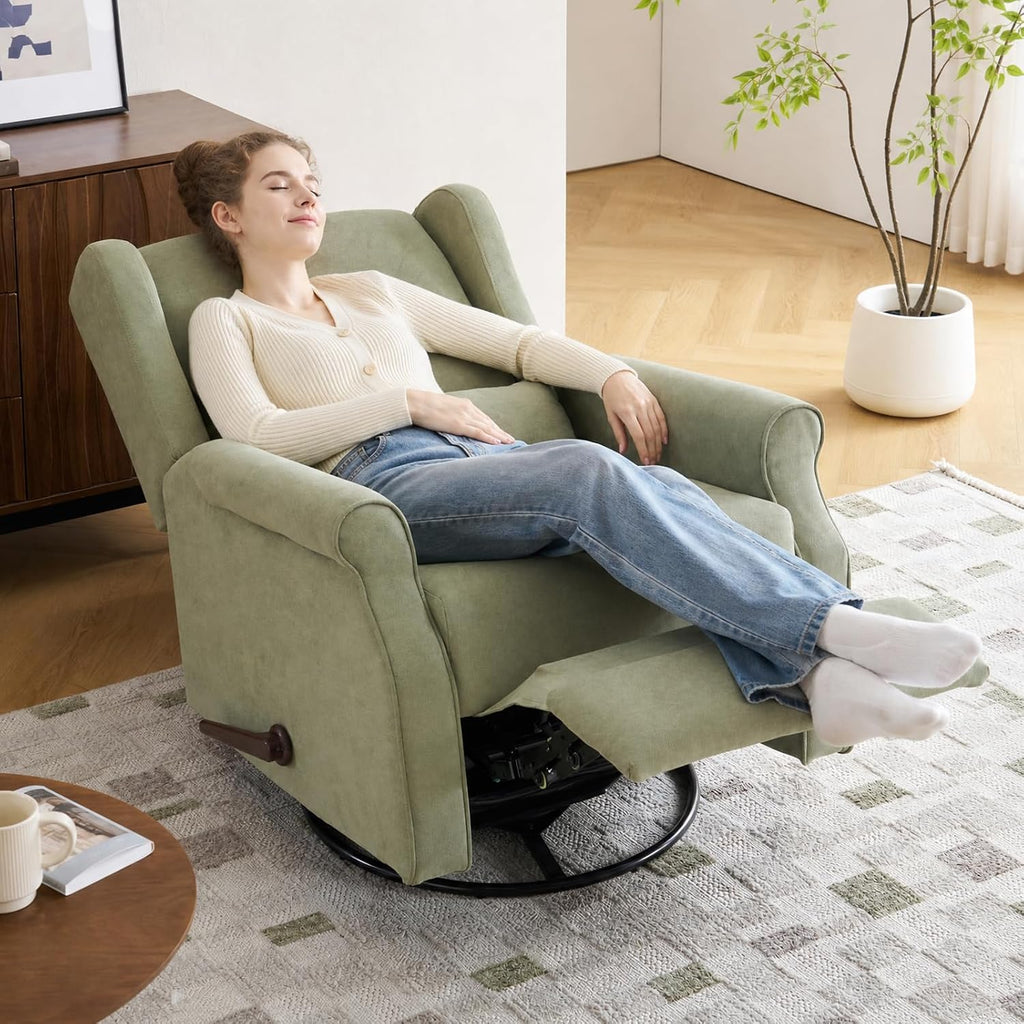 360°Swivel Rocker Recliner, Nursery Rocking Chair with Lumbar Pillow,Glider Recliner Nursery Chair for Small Spaces,Living Room & Bedroom,Chenille Green