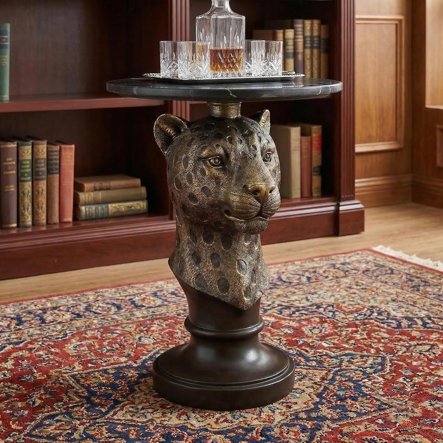 Leopard Head Accent Table with Faux Marble Top & Lifelike Texture, Animal Statue End Table with Easy Assembly for Living Room Hallway Decor