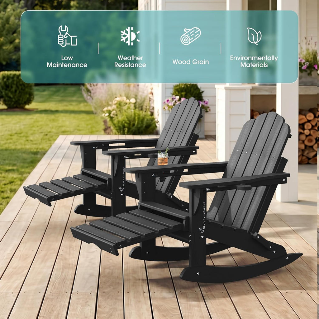 Ciokea Folding Adirondack Rocking Chairs Set of 2 with Retractable Ottoman, 4-in-1 Outdoor Adjustable Adirondack Chair with Cup Holders, HDPE Rocker for Porch, Deck, Patio, Poolside (Black)