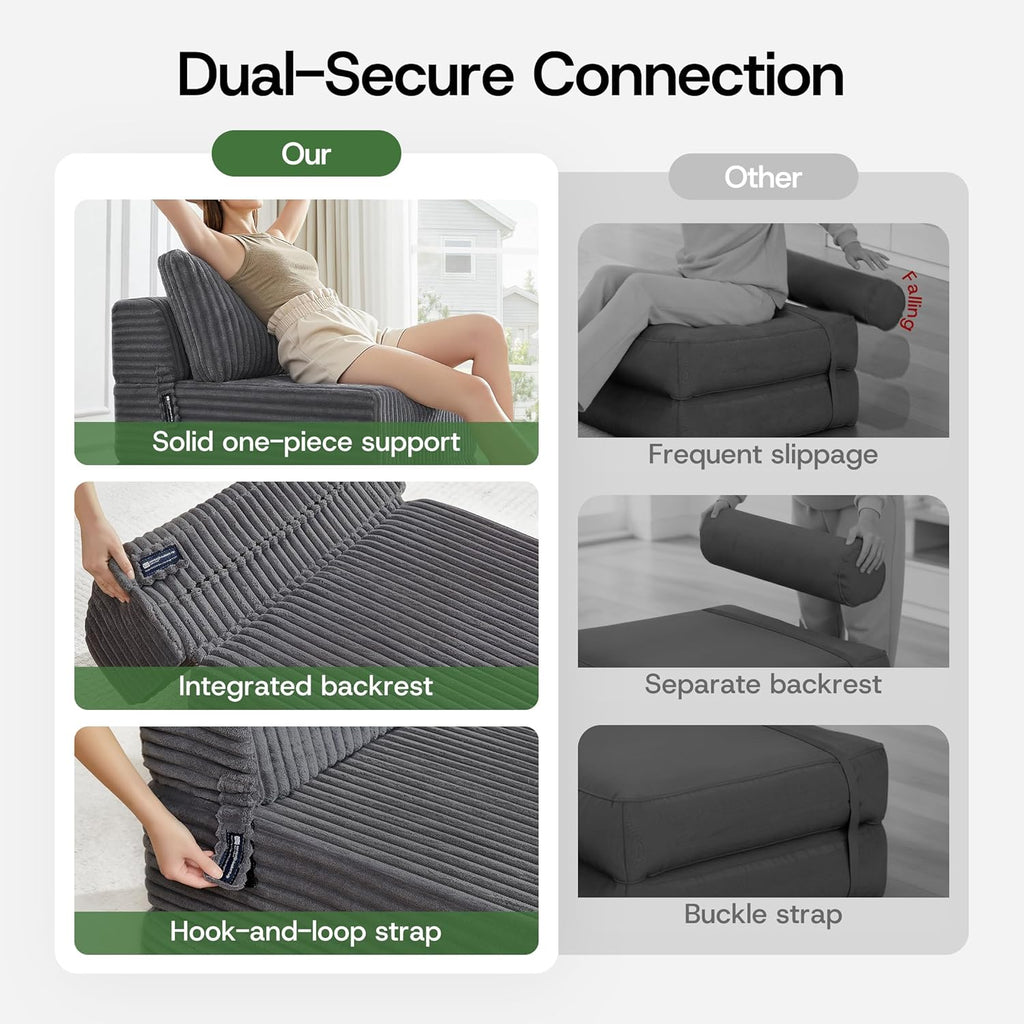 4-in-1 Folding Sofa Bed Convertible Boneless Sleeper Chair Couch Foldable Lounger & Mattress Pocket Coil & Foam Fill Medium Support, Portable No Assembly for Living Room/Bedroom, Single