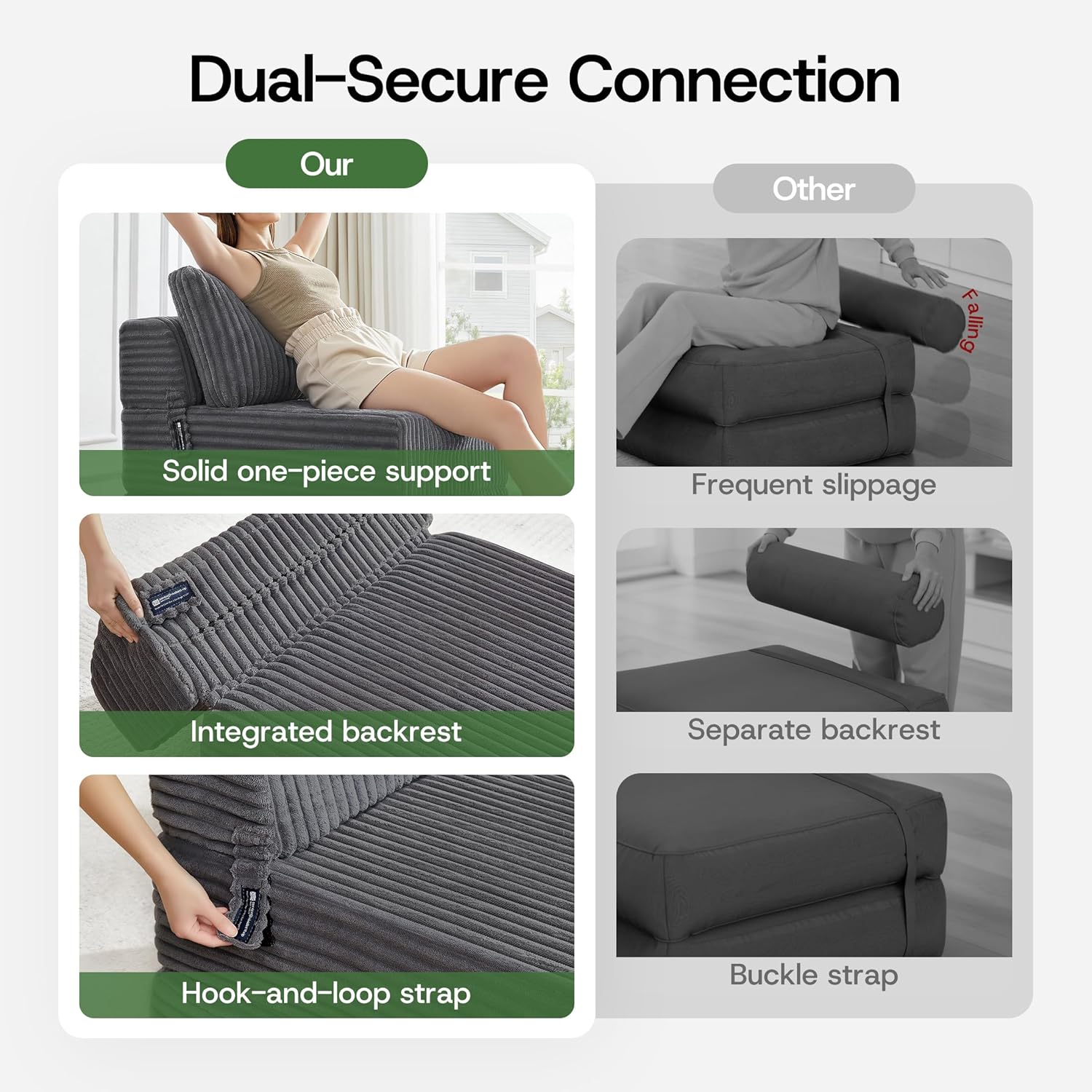 4-in-1 Folding Sofa Bed Convertible Boneless Sleeper Chair Couch Foldable Lounger & Mattress Pocket Coil & Foam Fill Medium Support, Portable No Assembly for Living Room/Bedroom, Single