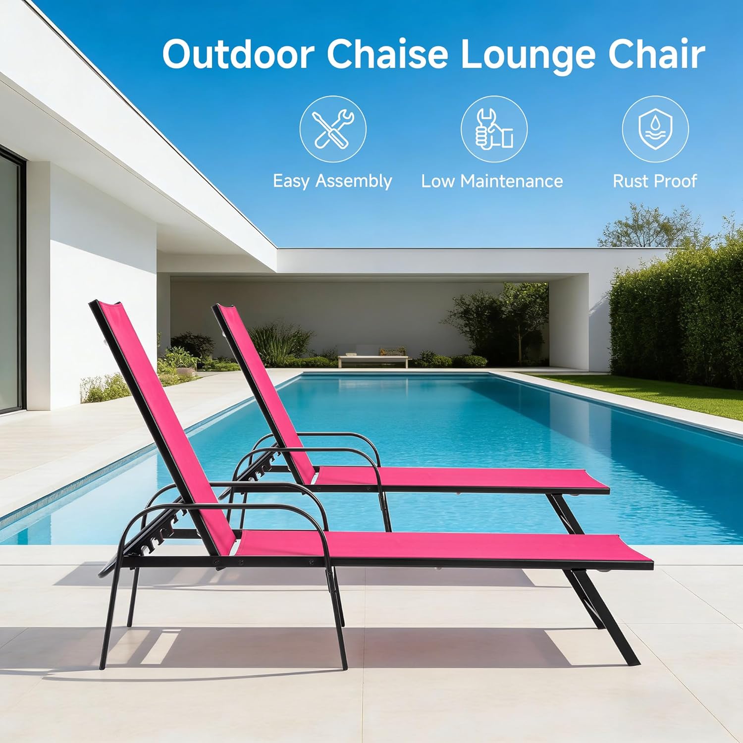 NEWBULIG Outdoor Lounge Chair for Pool,with 5-Position Recliner, 350 lbs Heavy Duty Patio Pool Chair, Outdoor Sun Chairs with Metal Frame for Backyard, Deck, Pink