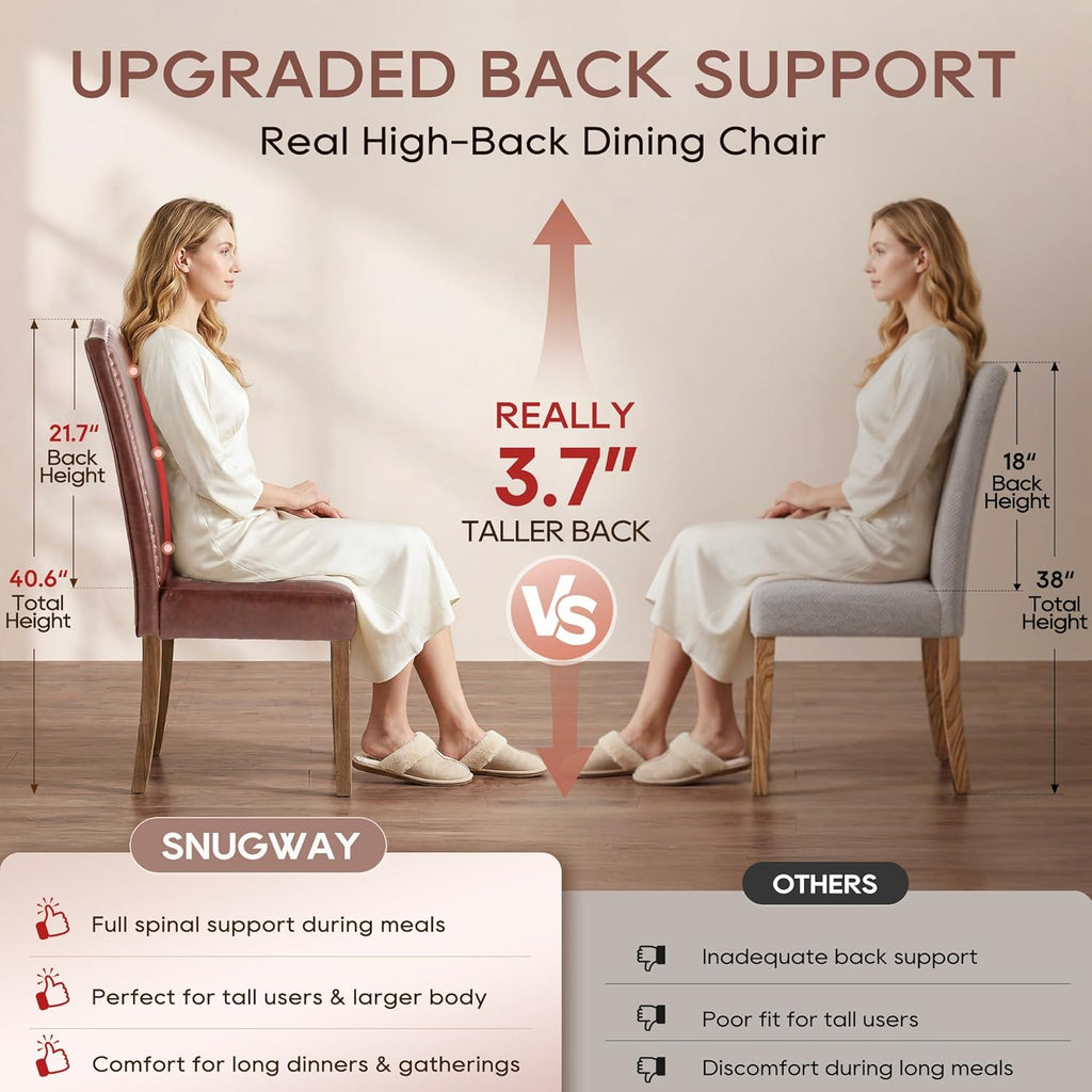 Upholstered Dining Chair Modern Stylish Parsons Kitchen Diner High Back with Silver Nailhead Trim & Wood Legs, Set of 2, PU Leather Dark Brown