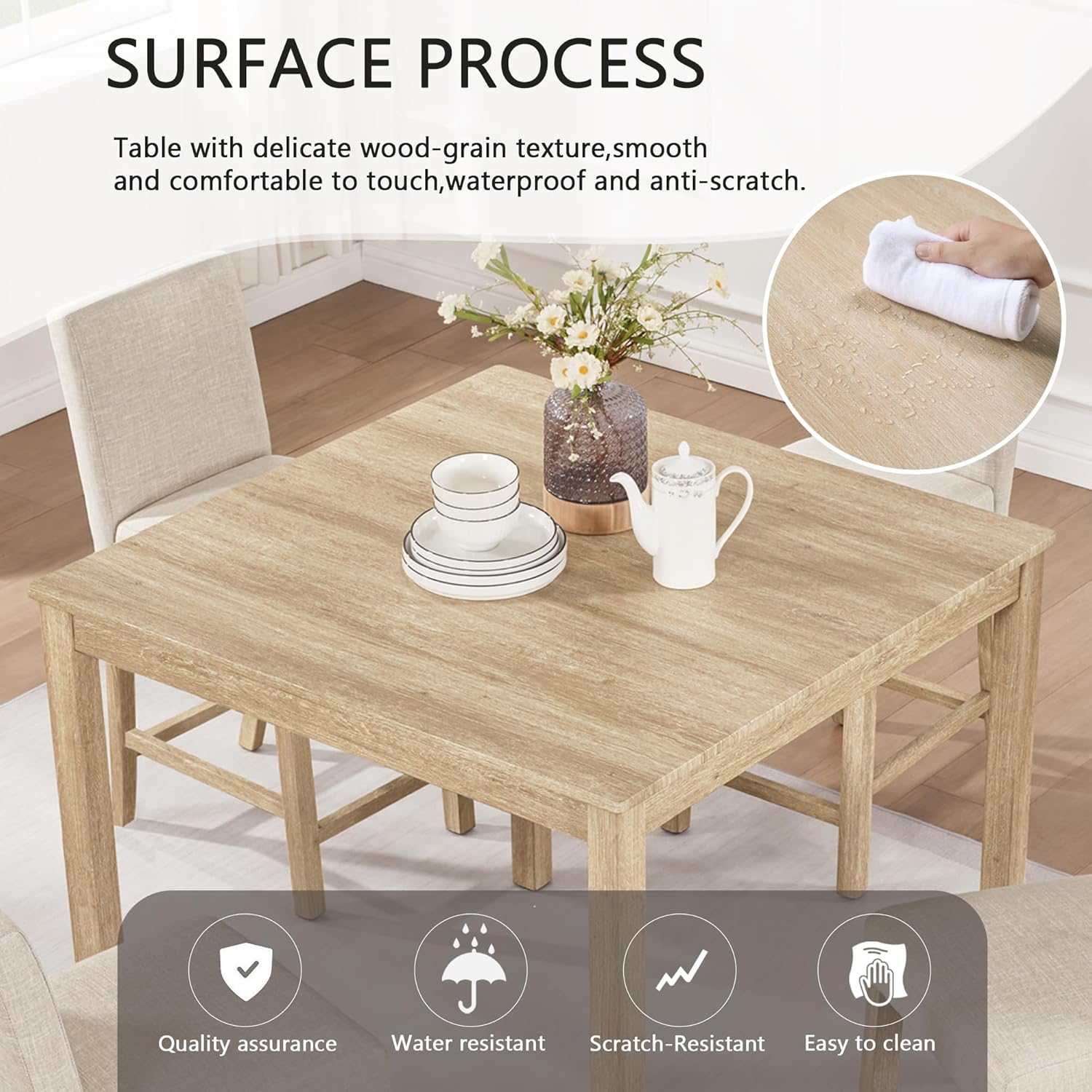 Harper & Bright Designs 5-Piece Counter Height Table Set with 4 Chairs, Wooden Light Oak Kitchen Dining Set for Small Spaces, Modern Square Counter Height Table and Upholstered Stools for Dining Room