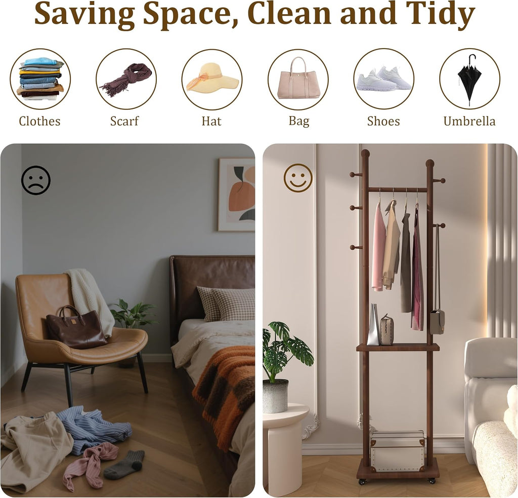 Coat Rack Freestanding Solid Wood Clothing Rack with Wheels & 2 Storage Shelves & 5 Hooks,Rotary Heavy Duty Wood Coat Tree Stand Hat Hanger Rack for Entryway Bedroom Living Room Corner(Walnut)