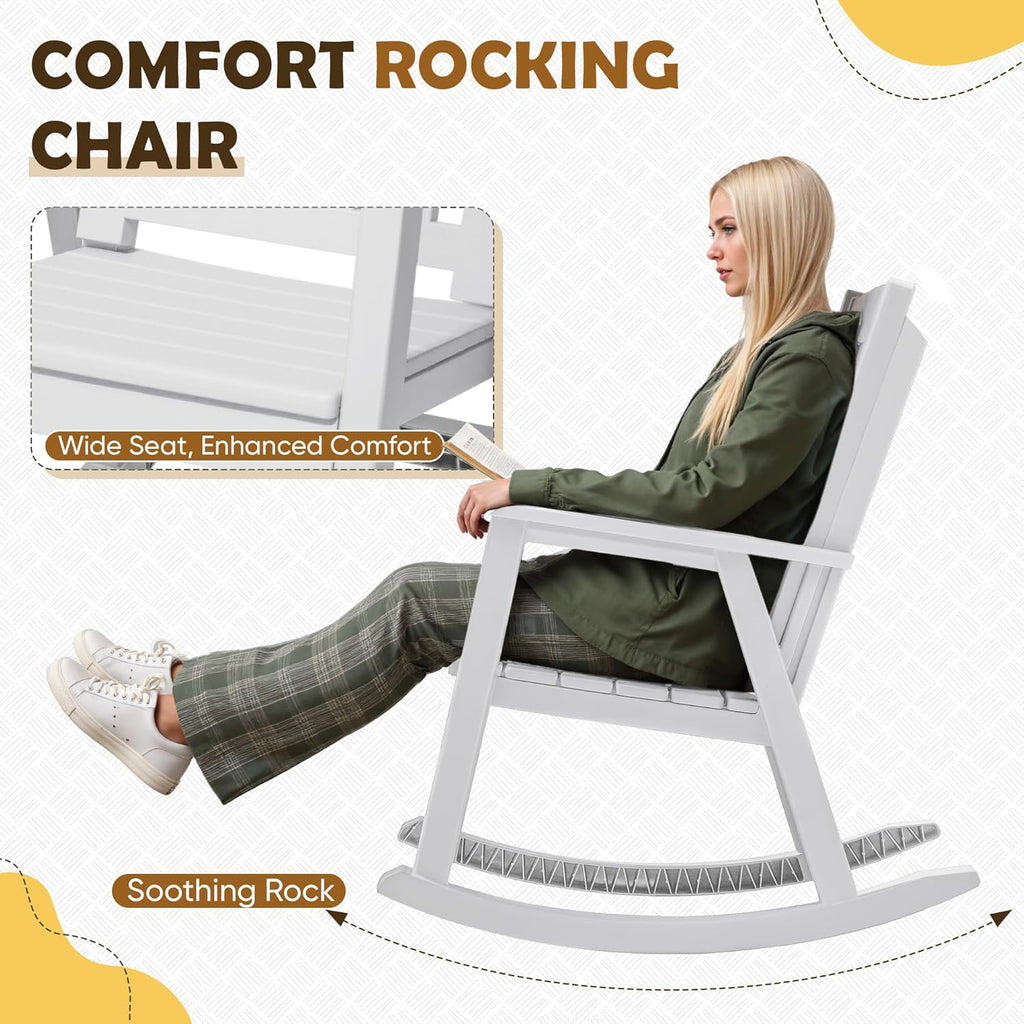 Greesum Outdoor Plastic Rocking Chair Set of 2, Patio Rocking Chair for Outside, Waterproof & Rust-Proof, Supports 300 lbs, Suitable for Garden Lawn Front Porch Poolside – White
