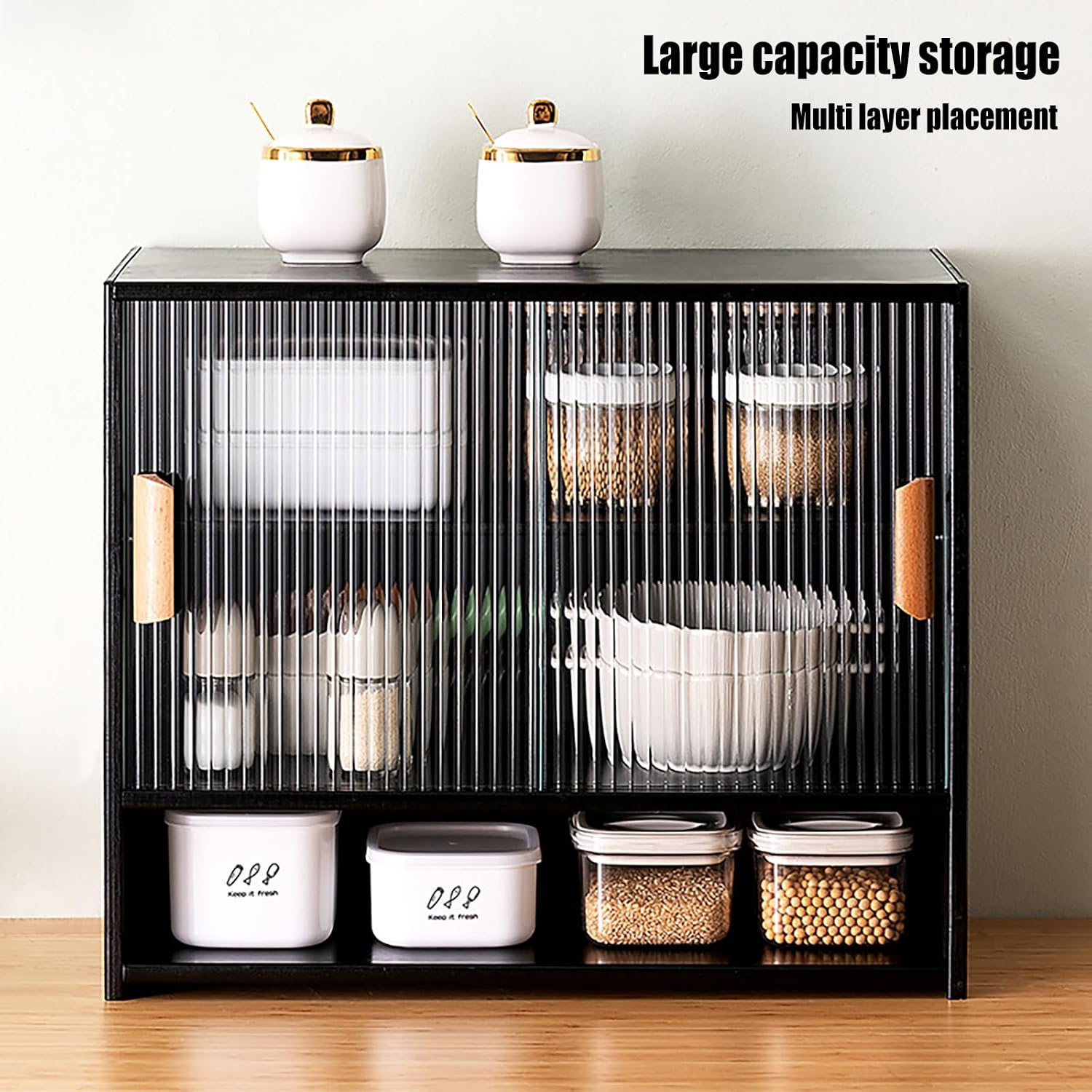 Small Countertop Kitchen Pantry, 3 Tiers Bamboo Pantry Sideboard with 2 Sliding Doors, Freestanding Kitchen Storage Cabinet Utility Dining Cupboard for Spice Dish Bowl Seasoning Bottle (Black)