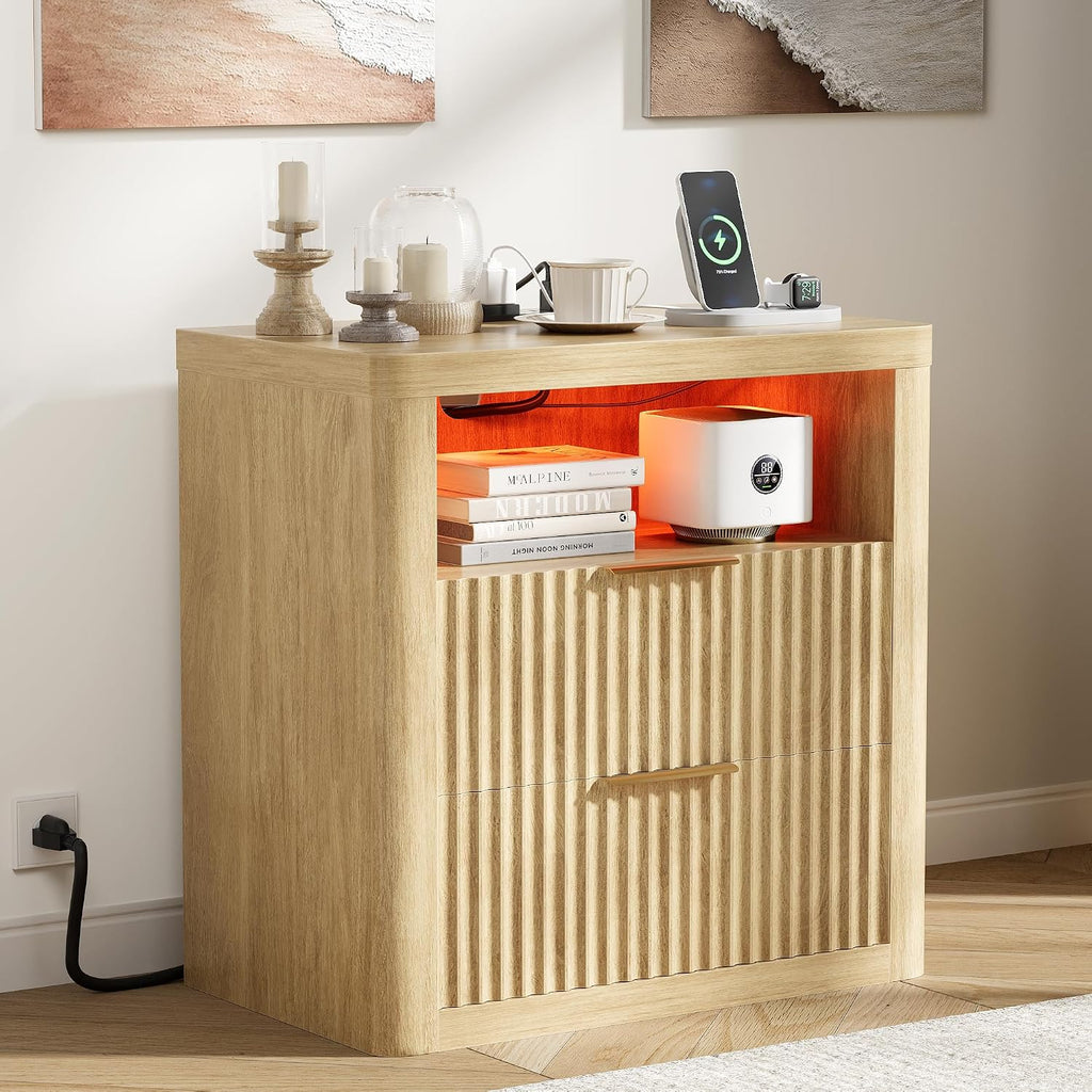 JUMMICO Fluted Nightstand with Charging Station & RGB Lights,Wooden End Table with 2 Deep Drawers & Open Storage Shelf,Thickened Top,Modern Bedside Table for Bedroom,Living Room,Wood