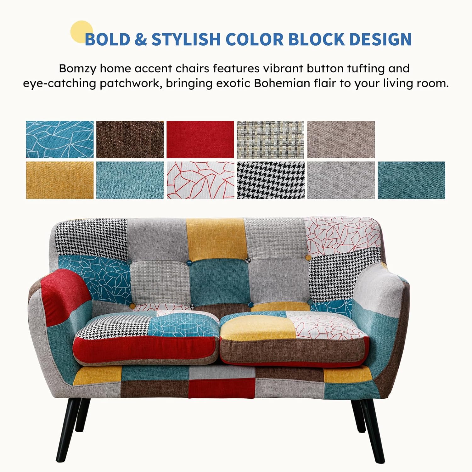 Bonzy Home Modern Colorful 3 Piece Coroful Fabric Sofa Set, Included Accent Chair and Boho 2 Loveseat, Linen Patchwork Plaid Couches with Rubberwood Legs and Removable Upholstered for Living Room