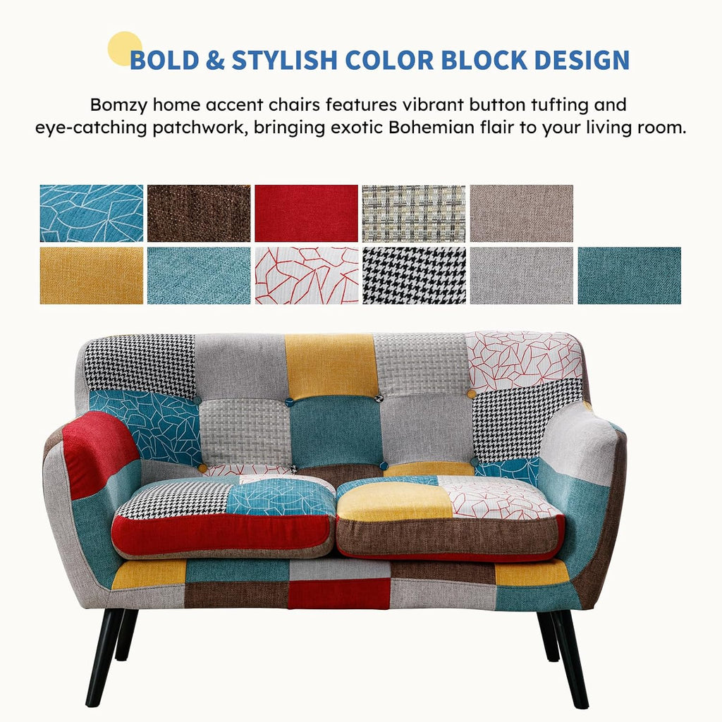 Bonzy Home Modern Colorful 3 Piece Coroful Fabric Sofa Set, Included 2 Accent Chairs and Boho Loveseat, Linen Patchwork Plaid Couches with Rubberwood Legs and Removable Upholstered for Living Room