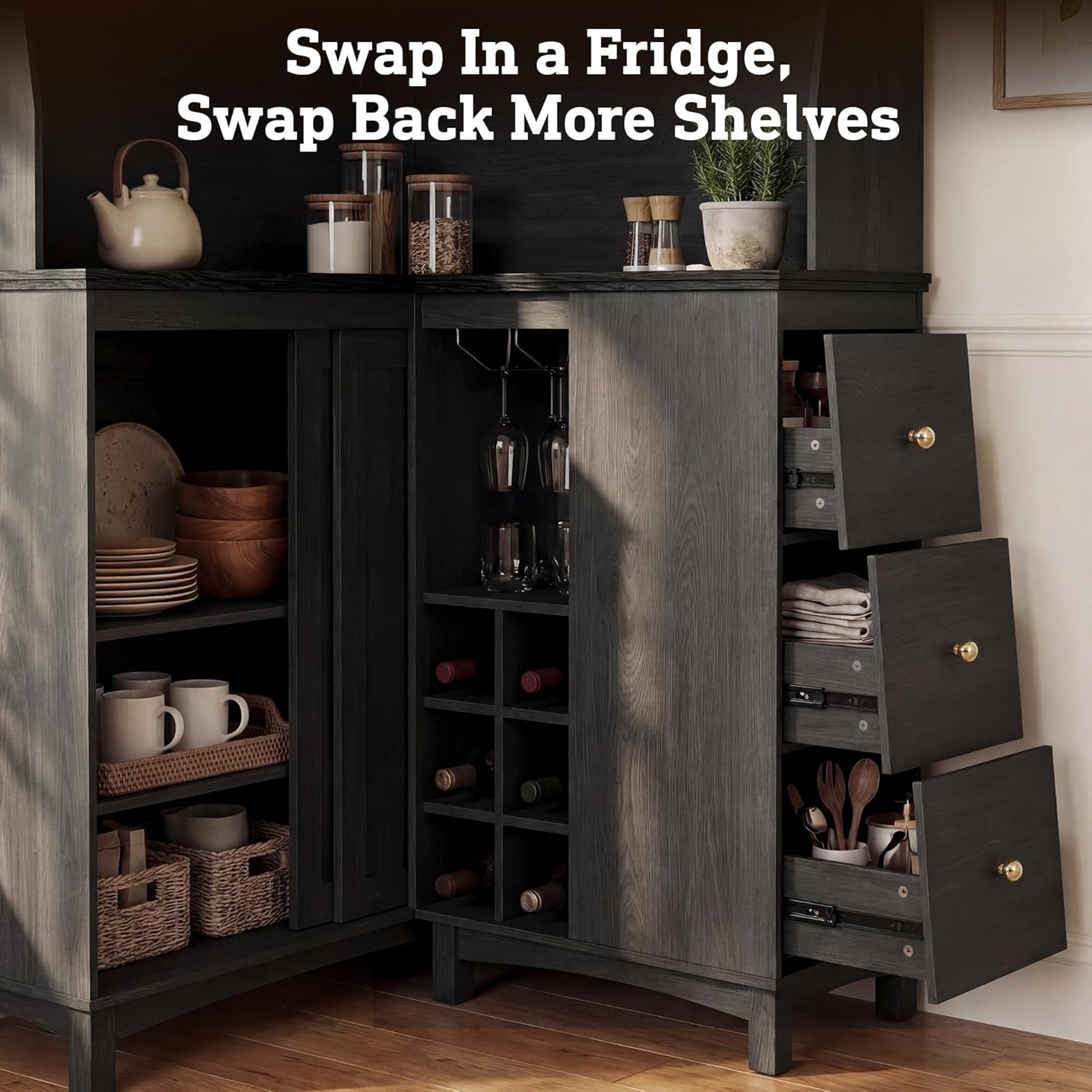 STO’Sense 71" Tall Corner Cabinet w/Charging Station,L-Shaped Kitchen Pantry Storage Cabinet w/3 Drawers,Countertop,Wine Rack,Shelves,Glass Holder&Sliding Door, Large Microwave Stand Hutch, Black Oak