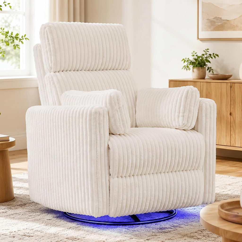 IPKIG Power Swivel Recliner Nursery Rocking Glider Chairs, Corduroy, Beige | LED Light, USB & Type-C Ports, and Cup Holder – Electric Rocking Reclining Chair for Baby Nursing, Living Room, and Bedroom
