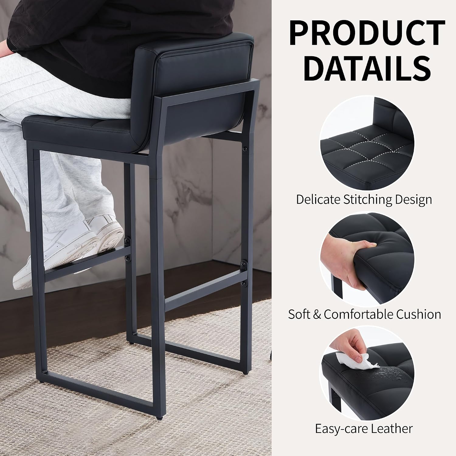 FIRAVOE Bar Stools Set of 4, PU Leather Counter Height Barstools with Low Back and Thickened Metal Legs, 26 Inch Modern Island Chairs for Kitchen Island, Bar, Counter (Black, 4Pcs 26" Counter Stools)