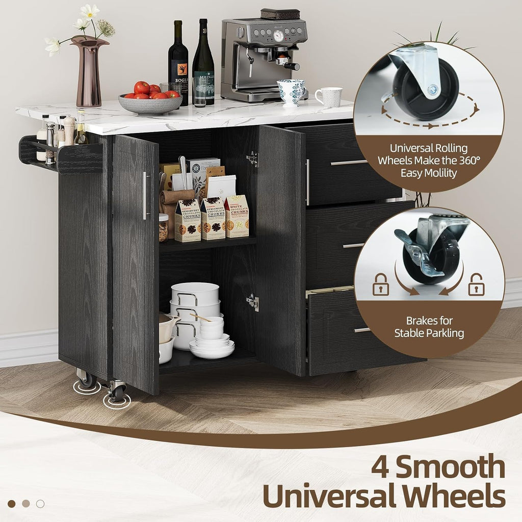 4 EVER WINNER 43" Modern Kitchen Island on Wheels with Drop Leaf & Storage, Faux Marble Tabletop, 3 Drawers with Spice Rack & Towel Rack, Rolling Kitchen Cart for Small Space, Black