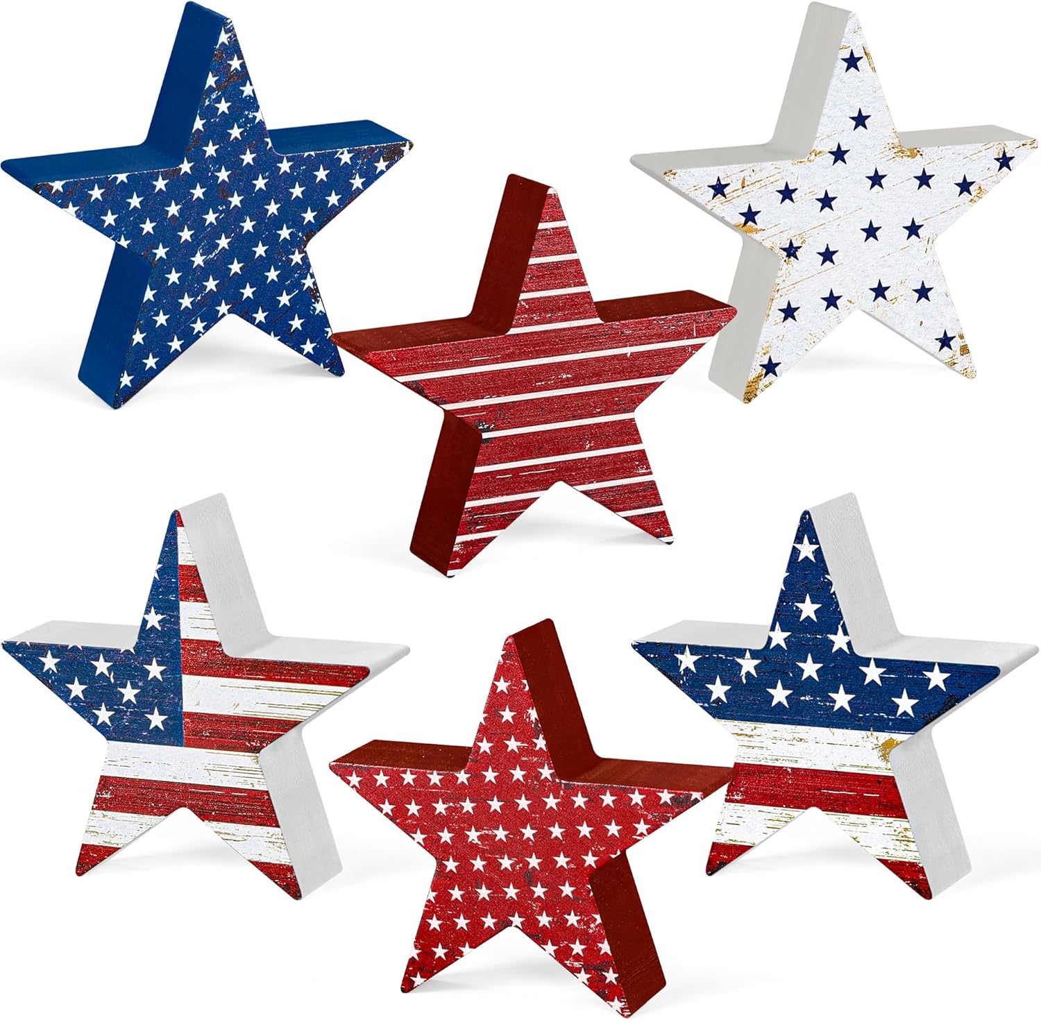 6 PCS 4th of July Wooden Signs, Red White Blue 4th of July Decorations, Star-Shaped 250th Anniversary Patriotic Decor, Independence Day Wood Centerpieces for Tables Shelf Tray Memorial Veterans Day