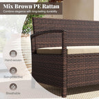 Tangkula 42 Gallon Outdoor Bench with Storage, Outdoor PE Rattan Storage Bench with Cushion, Backrest & Acacia Wood Armrests, Metal Frame, Waterproof Deck Box Seat for Porch Backyard Poolside